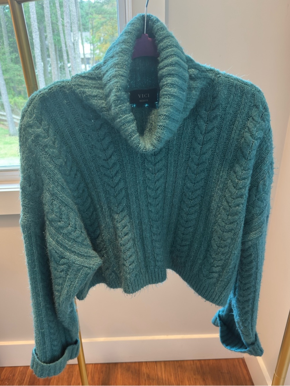 Vici Teal Cable Knit Cropped Cowl Turtleneck Sweater
